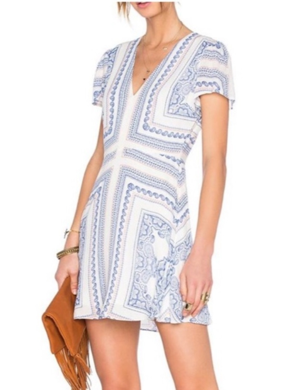 Lovers and Friends Cassidy Mini Dress Bella Scarf Print V-Neck Blue White XS